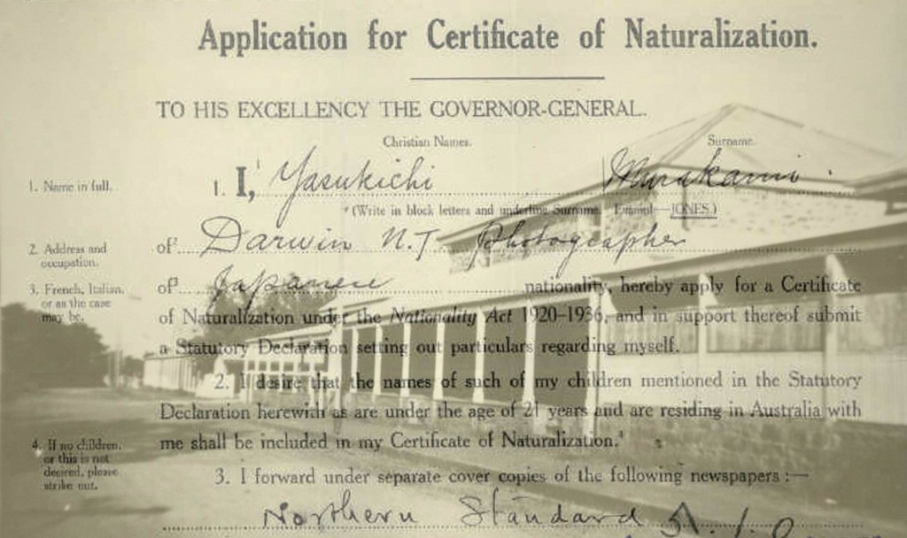Yasukichi Murakami applied for naturalization in 1939. Not accepted because of established government policy To not naturalise Asiatics and other coloured persons. - Darwin Courthouse, Photo by Y. Murakami circa 1938, courtesy of Murakami family archives; National Archives of Australia A659, 1939/1/12989 