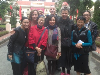 The group shot was taken outside the National Library of Vietnam: (R-L) Nyein Way, Xu Xi, Francesca Rendle-Short, Nguyen Bao Chan, David Carlin, Suchen Christine Lim, Omar Musa, Cate Kennedy, and Jhoanna Cruz.  Pix courtesy of Francesca Rendle-Short