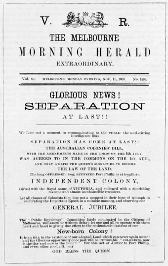 Headline proclaiming the separation of Victoria from New South Wales, 1850. (www.slv.vic.gov.au)
