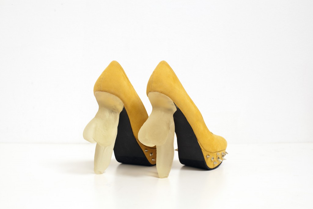 Pixy Liao, Soft heel shoes, 2013, 3D printed soft heels, suede shoes, metal, 18 cm x 8 cm x 18 cm