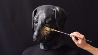 person wearing dog head mask being painted